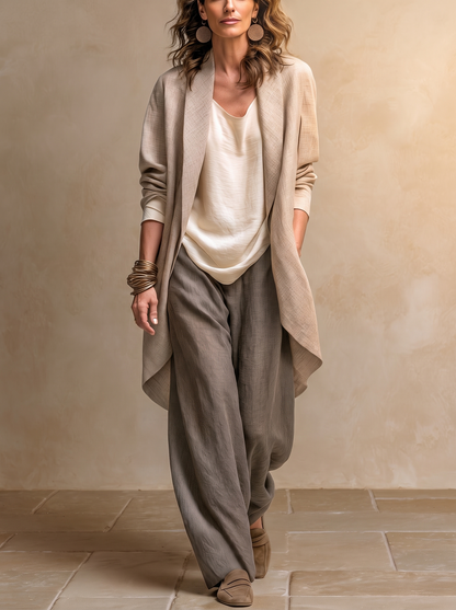 Mariangela | Completo Tre Pezzi Beige e Grigio con Pantalone a Palazzo
