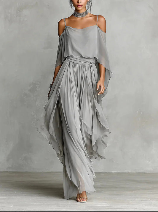 Isabella | Completo Fluido Grigio con Top a Spalline Sottili e Pantaloni Leggeri
