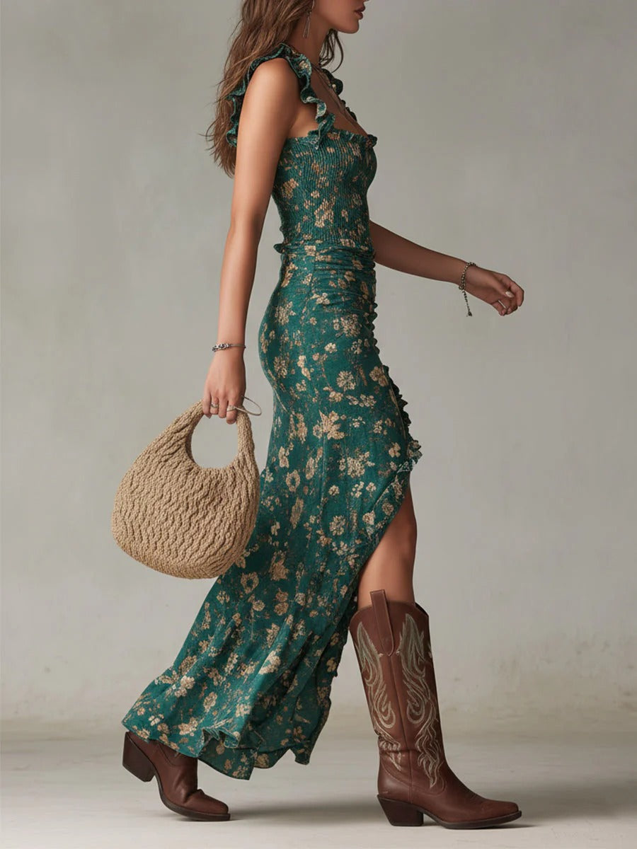 Zara | Abito Lungo Boho Arricciato con Stampa Floreale e Spacco Laterale