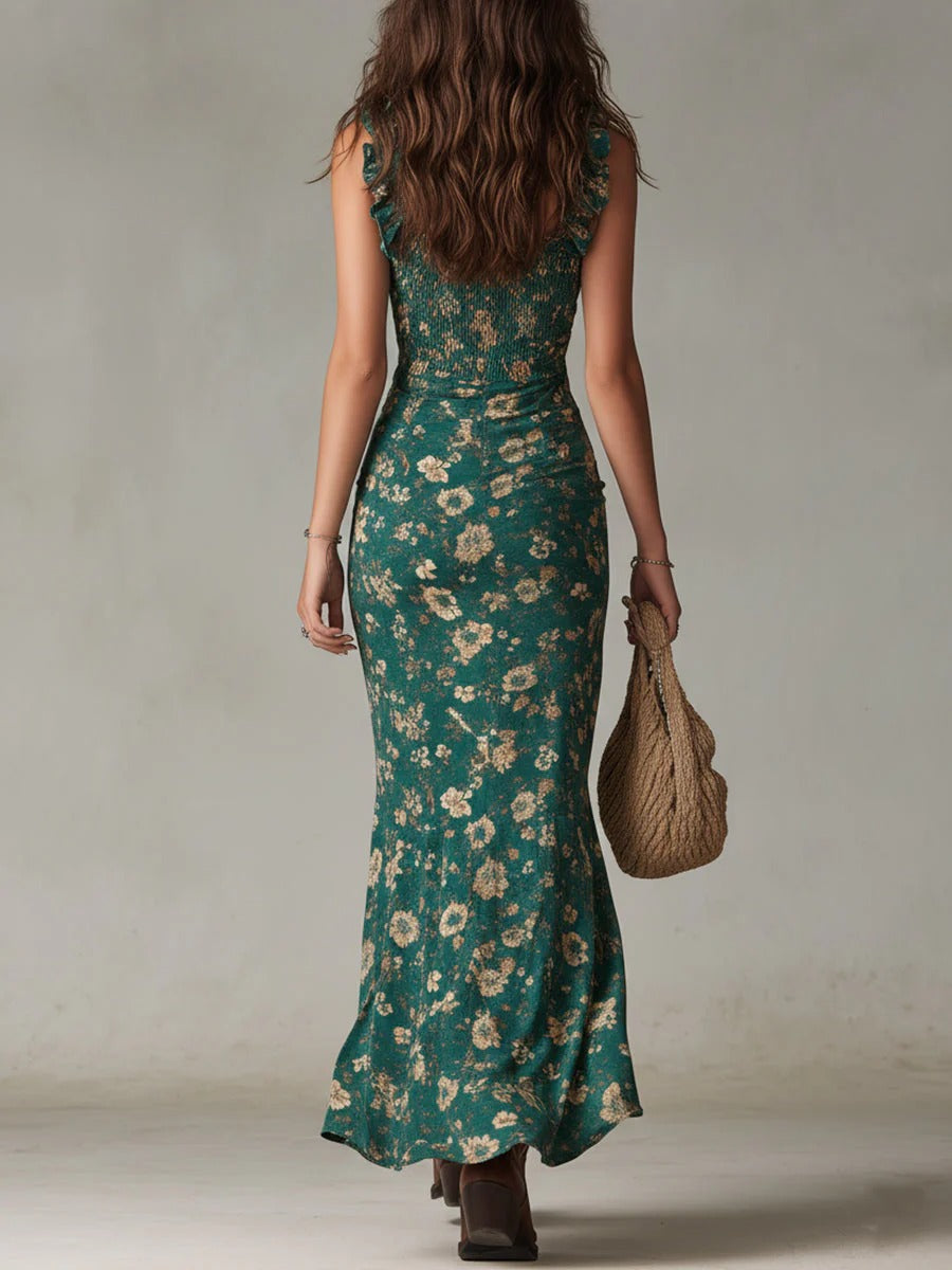 Zara | Abito Lungo Boho Arricciato con Stampa Floreale e Spacco Laterale