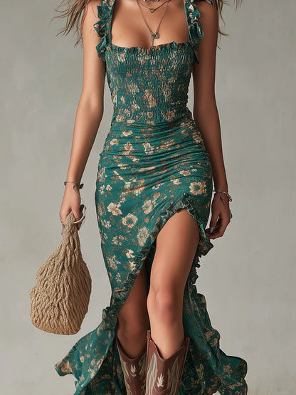 Zara | Abito Lungo Boho Arricciato con Stampa Floreale e Spacco Laterale