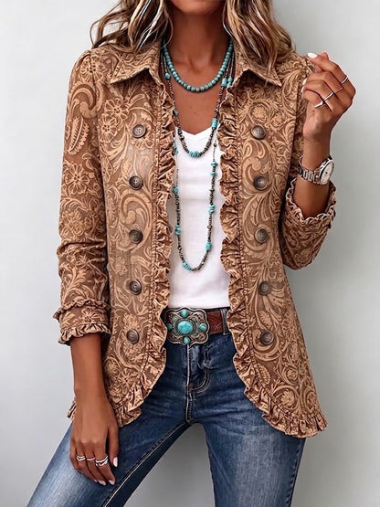 Noemi | Giacca Boho Floreale Vintage Marrone con Balze