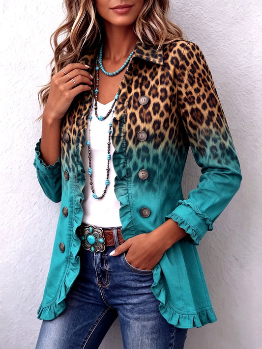 Beatrice | Blazer Leopardato Sfumato Turchese con Balze