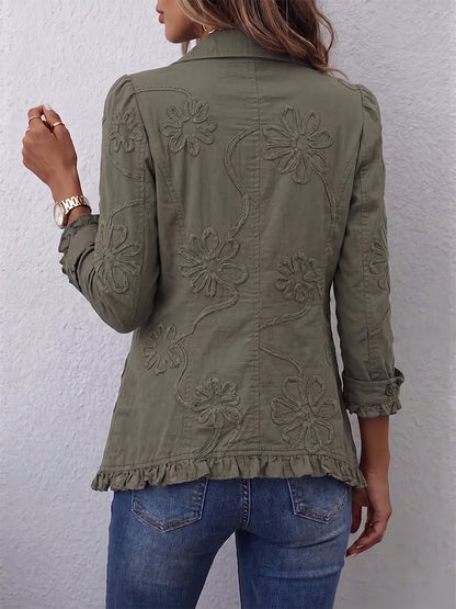 Alessandrina | Giacca Boho-Chic Ricamata a Fiori Verde Rétro con Finiture Arricciate