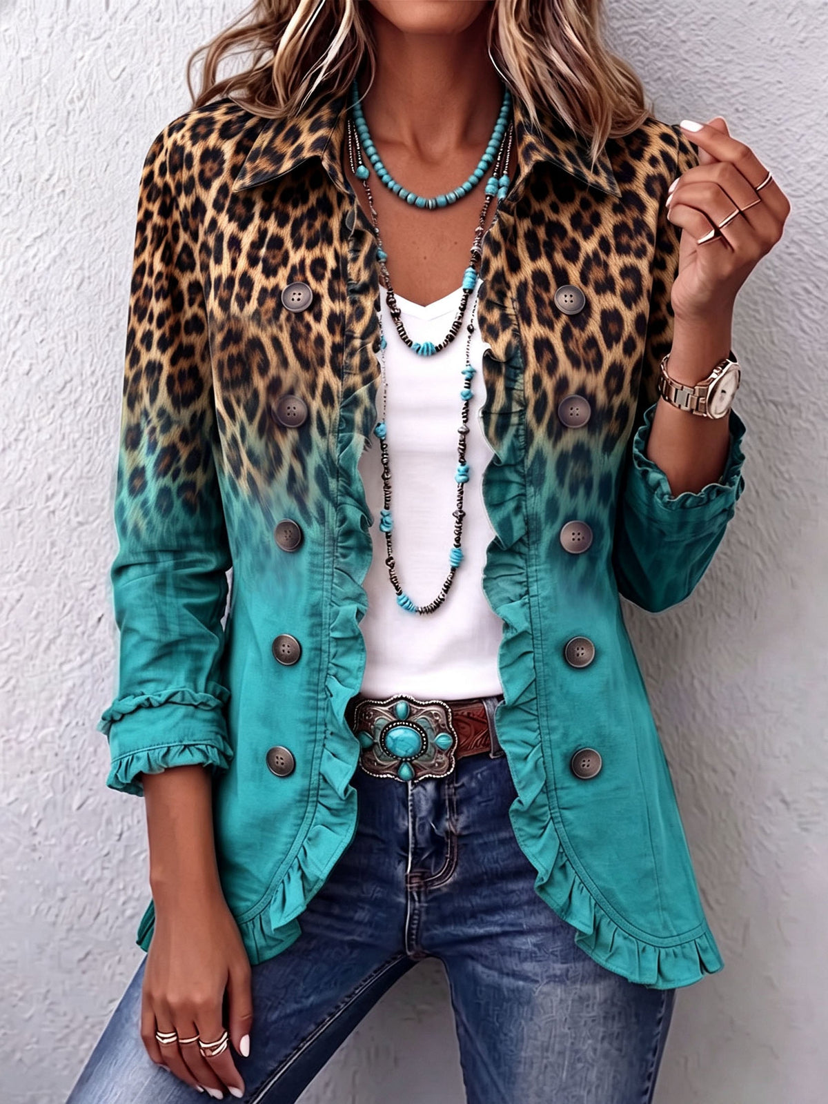 Beatrice | Blazer Leopardato Sfumato Turchese con Balze