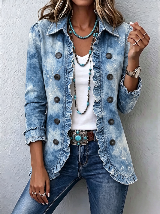 Ginevra | Giacca Boho Botanica Vintage Sfumata Blu con Balze