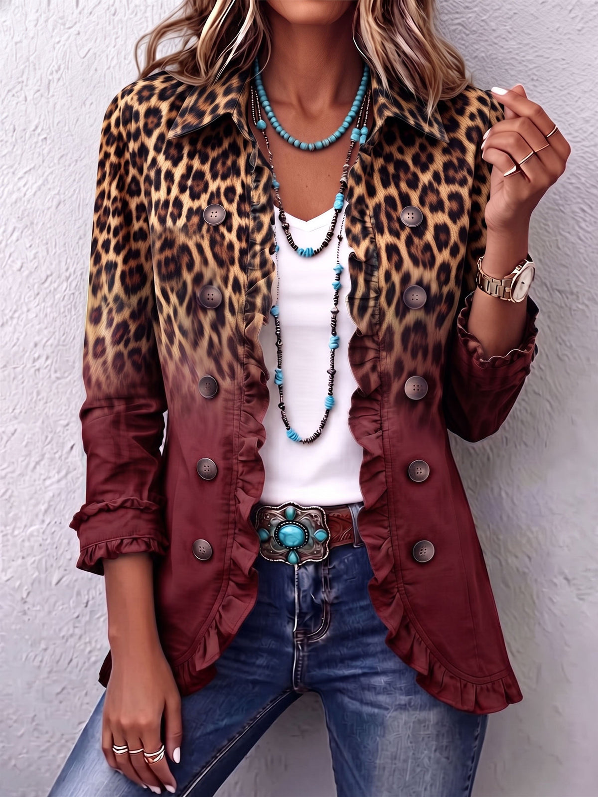 Beatrice | Blazer Leopardato Sfumato Turchese con Balze