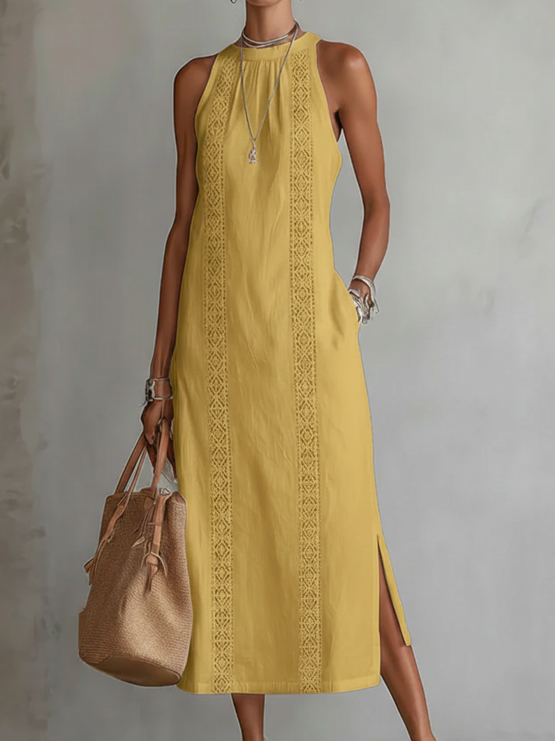 Jimena | Abito Midi Casual Ricamato con Collo alla Coreana