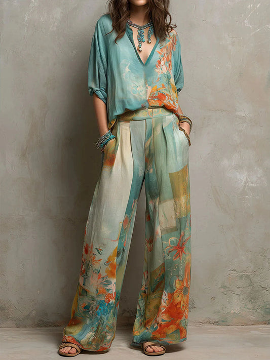 Chiara | Completo Elegante con Stampa Floreale e Pantaloni Ampi