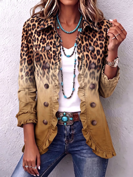 Paola | Blazer Leopardato Sfumato Ocra con Balze