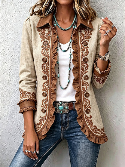 Ottavia | Giacca Boho Floreale Vintage Cammello e Marrone con Balze