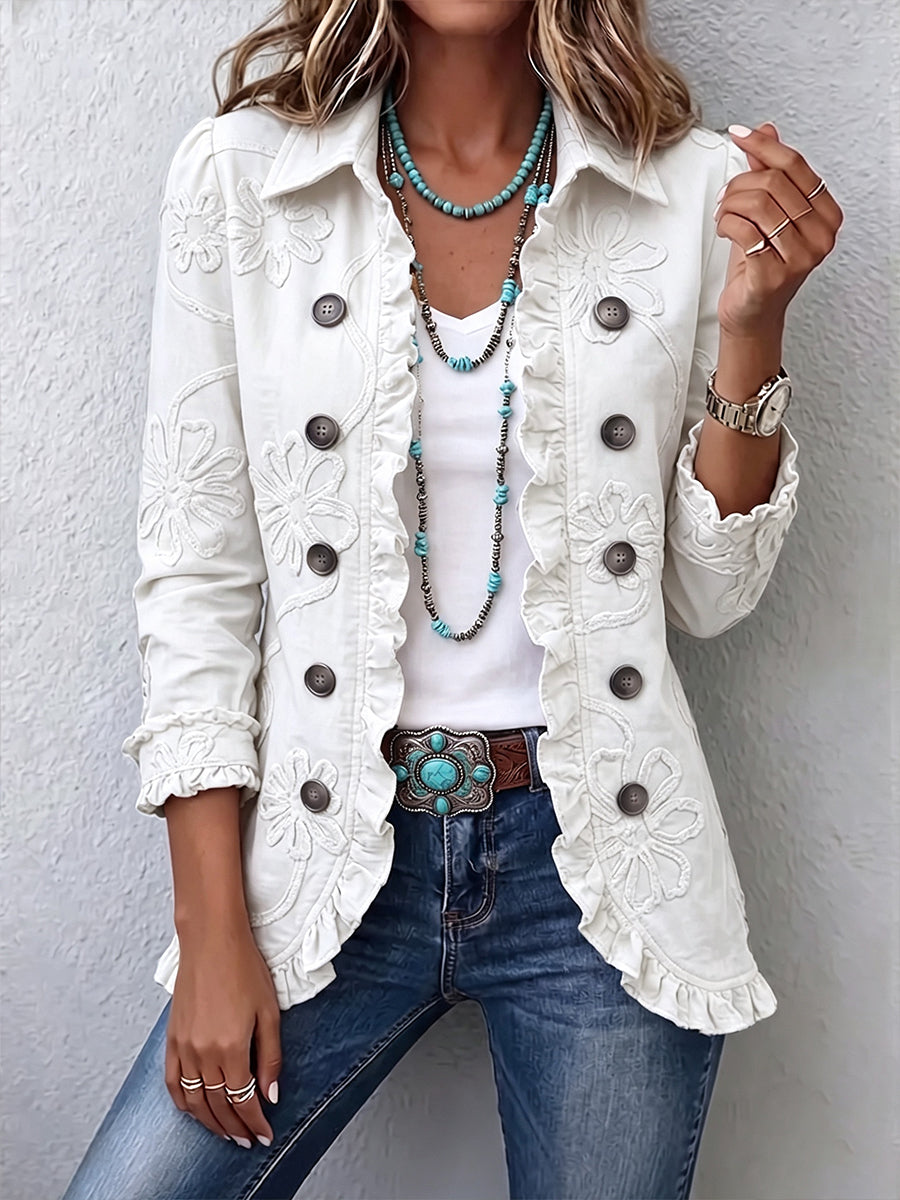 Camilla | Giacca Boho-Chic Ricamata a Fiori Avorio con Finiture Arricciate