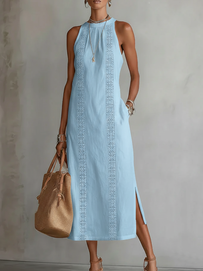 Jimena | Abito Midi Casual Ricamato con Collo alla Coreana
