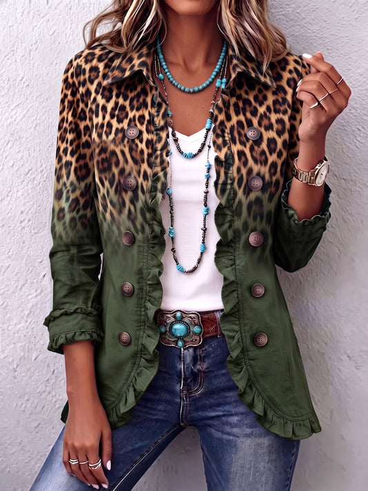 Luisa | Blazer Leopardato Sfumato Verde Oliva con Balze