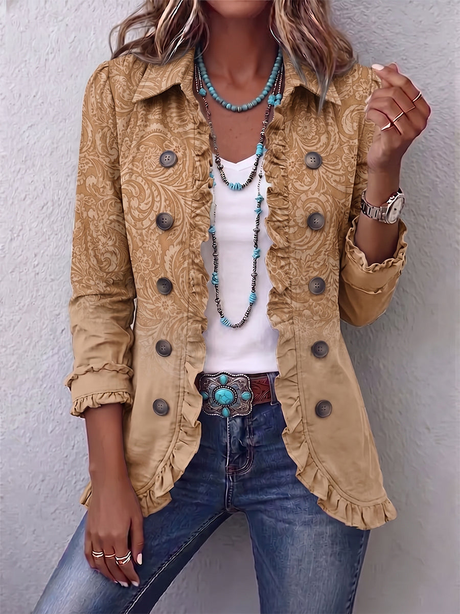Chiara | Giacca Western Stampata Kaki con Balze