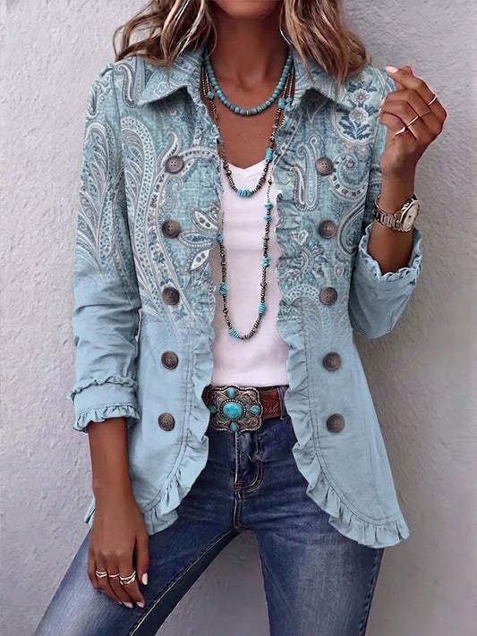 Emilia | Giacca Paisley Vintage Azzurra con Balze